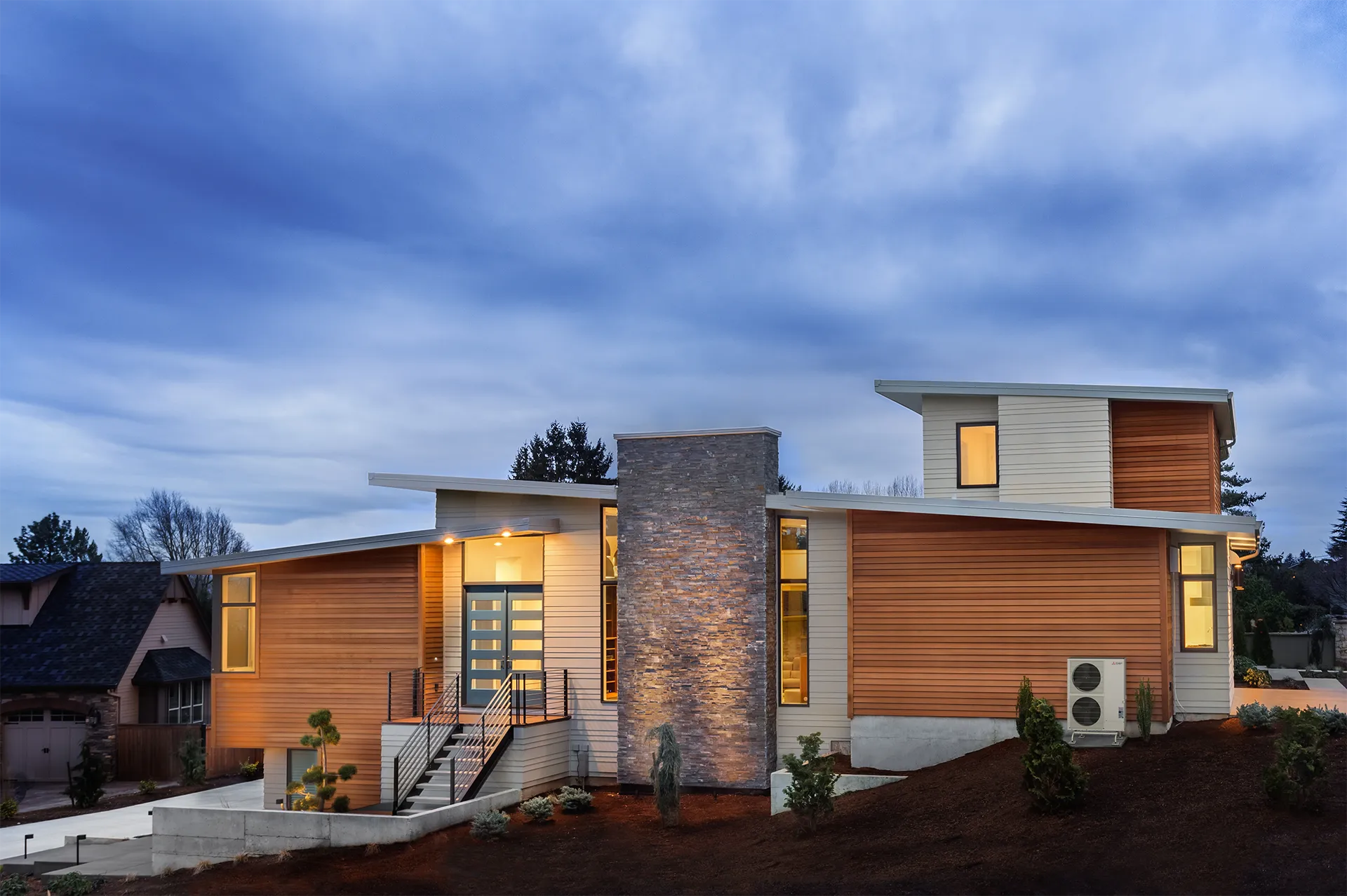 Exterior of modern home using all-electric HVAC