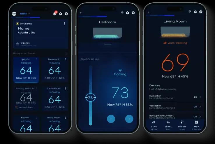 3 smartphone devices with mitsubishi electric smart home comfort controls app shown on screens