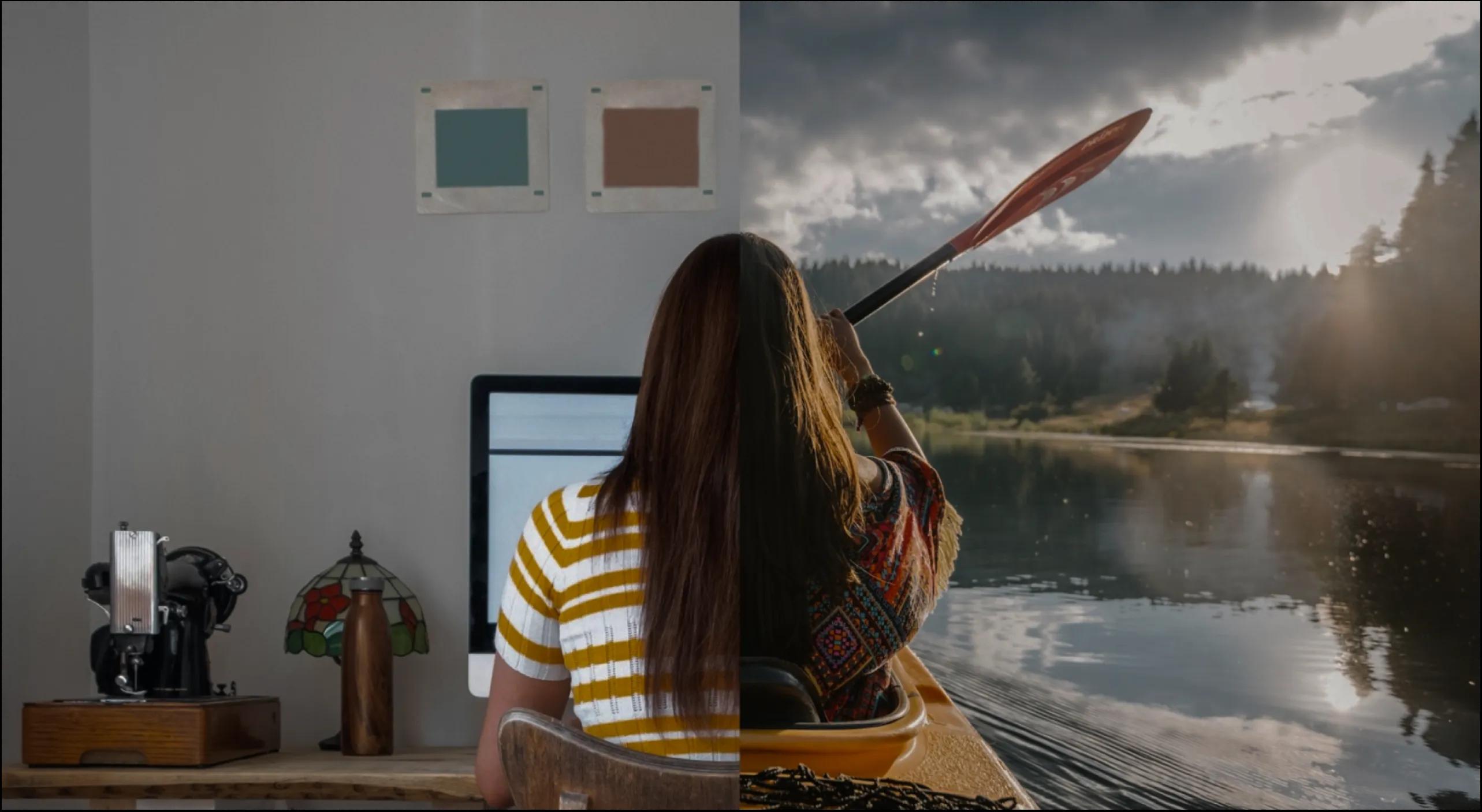 split screen girl canoe and home office