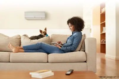 Electric Heat Pump Systems for a Quieter Solution sofa room indoors adult sit seat woman family house computer apartment inside table relaxation people laptop happiness technology office