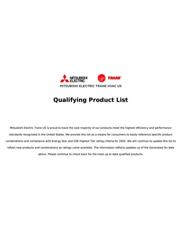 mitsubishi electric trane cover sheet for list of heat pumps that qualify for energy incentives