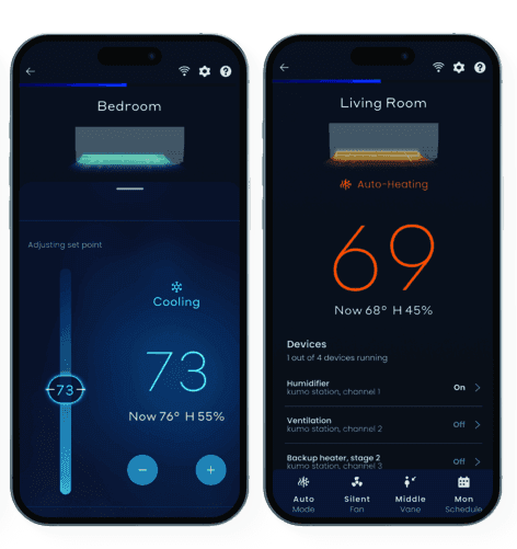 comfort app two screens one showing heating and cooling mode