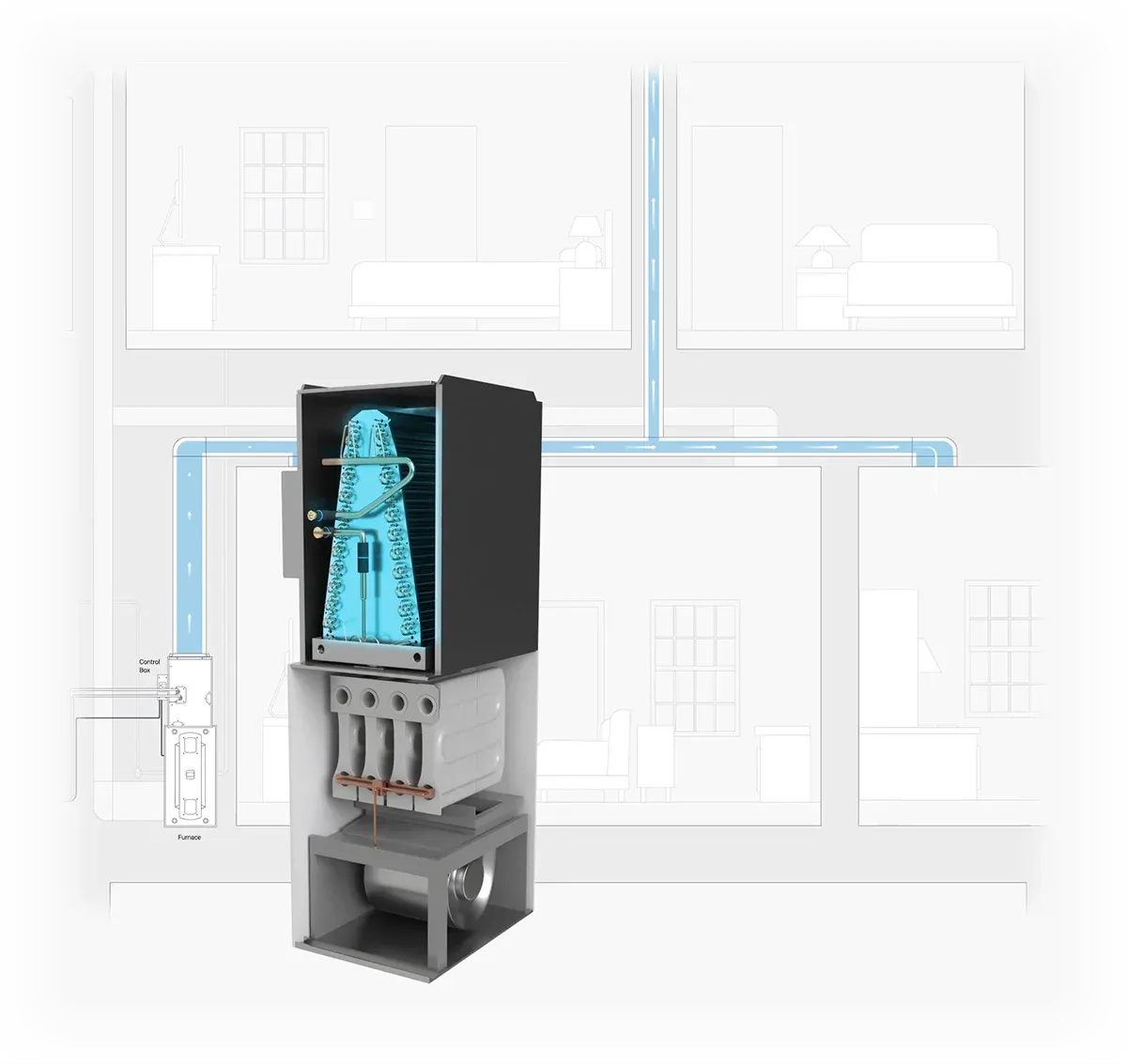 internal view of the intelli-heat on top of an illustrated background showing the airflow from the unit